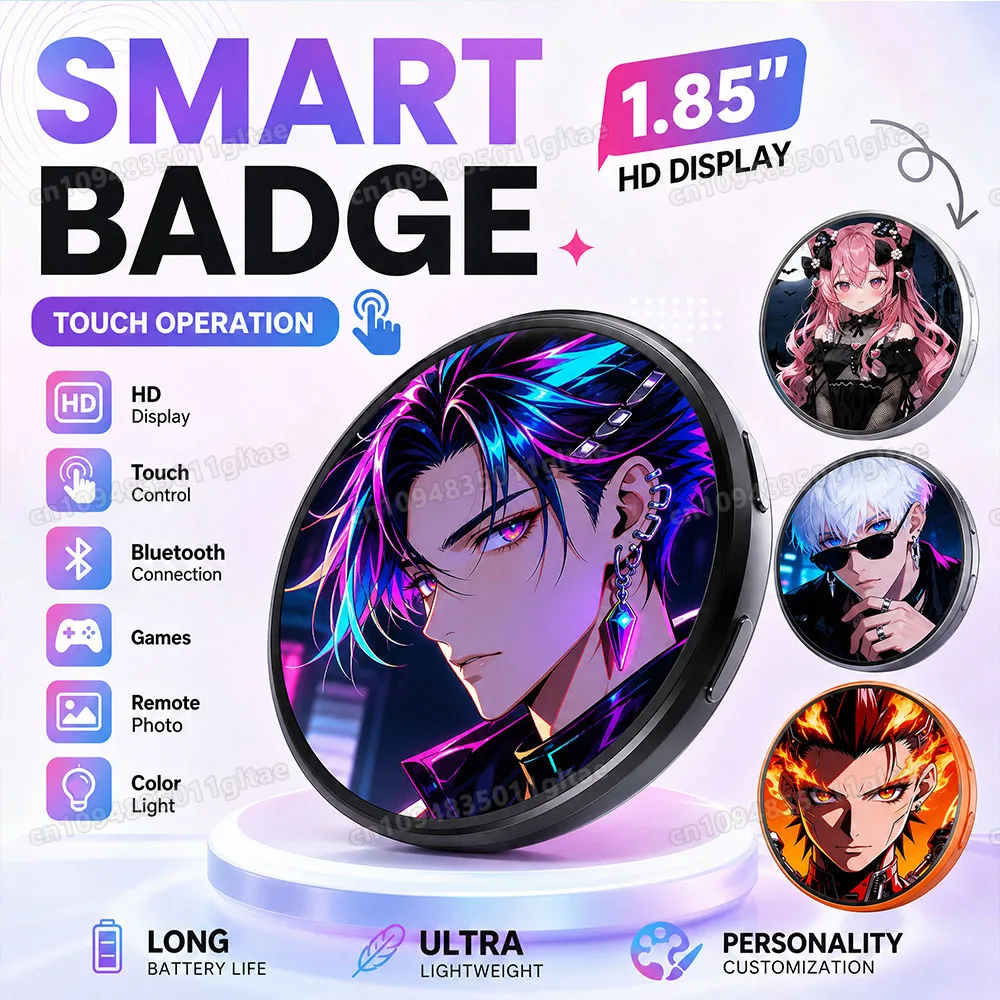 Electronic Badge HD Display Bluetooth Smart Cyber Badge 1.85 Inch Hd Touch Screen Images LED Audible Gifs Videos Play Display