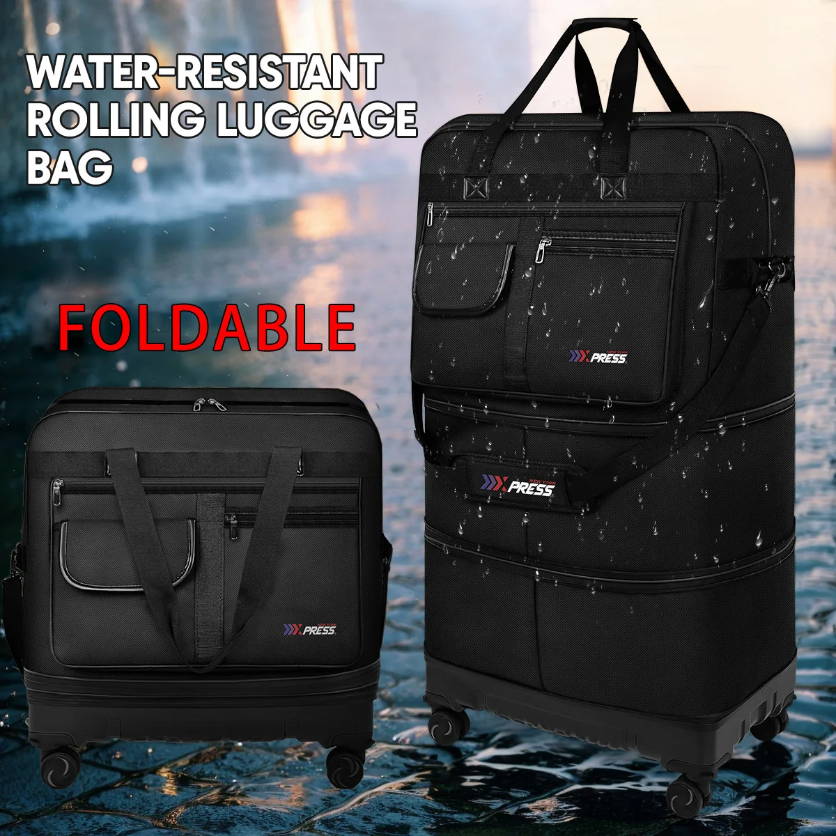 

36" Foldable Wheel Bag Travelling Pack Wheels For Women Men Expandable Trolley Luggage Versatile Black Suitcase For Weekend Trip