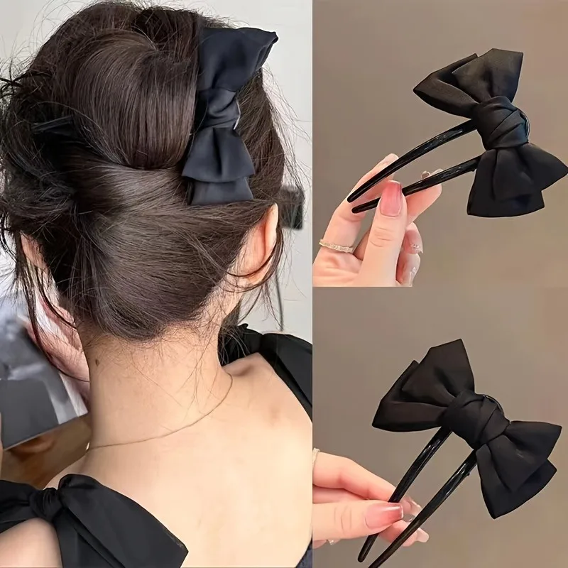 1pc Fashion Women's Bow U-shaped Hair Clip Suitable for Girl Daily Wear Accessory Elegant Black Boutique Hairpin Hair Accessory