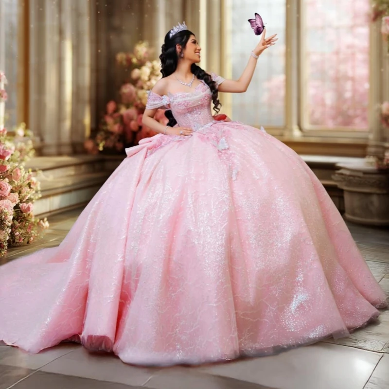 

Светло-розовое блестящее платье Quinceanera, бальное платье с открытыми плечами, аппликация, кружево, бисер, кристалл, бант, тюль, корсет, тюль, вечеринка, день рождения