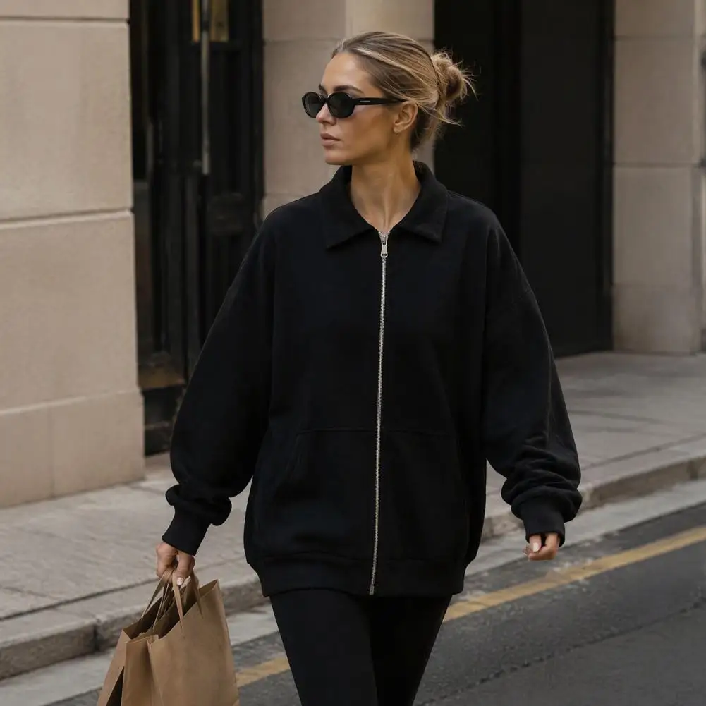 Men Women Zip-Up Jacket for Fall Winter, Solid Color Long Sleeves Coat with Pockets, Casual Loose Fit Lapel Outerwear