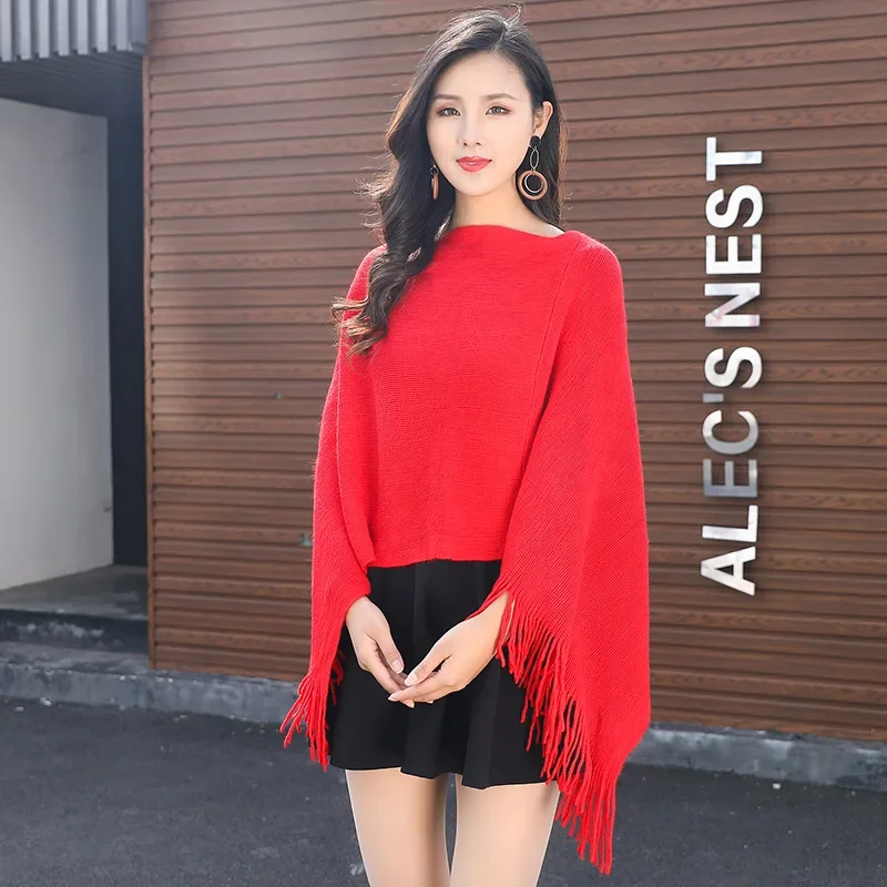 Spring Autumn Korean Women's Wear V-neck Solid Color Tassel Splicing Shawl Cloak Sweater Women Wear Sunscreen Coat Wine Red