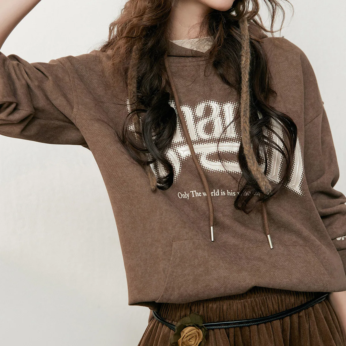 LOUIS YAO Three-dimensional Printed Long Sleeved Hoodies 2025 Autumn Washed Patterned Hooded Sweatshirt Chic Street Loose Tops