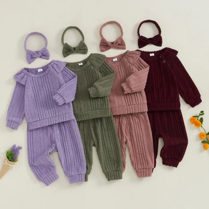 

0 to 3 Years Baby Girl 3Pcs Pant Sets Spring Autumn Clothes Long Sleeve Ruffle Tops + Pants + Headband Baby Clothing