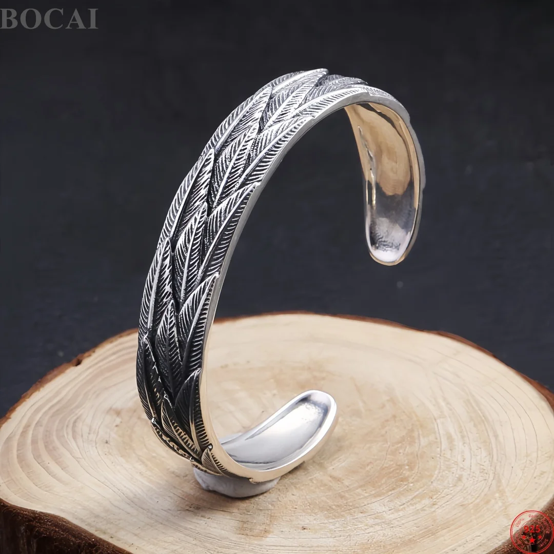 BOCAI S925 Sterling Silver Charms Bangle for Men Women Antique Relief Feather Pattern Fashion Punk Bracelet Fine Choice Jewelry