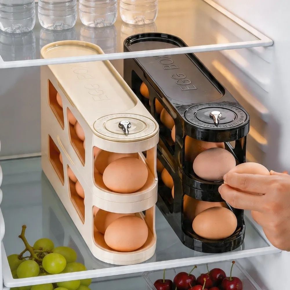 Large Capacity Eggs Storage Box Automatic Rolling with Lid Egg Holder Space Saving Double-Layer Egg Tray Kitchen Storage