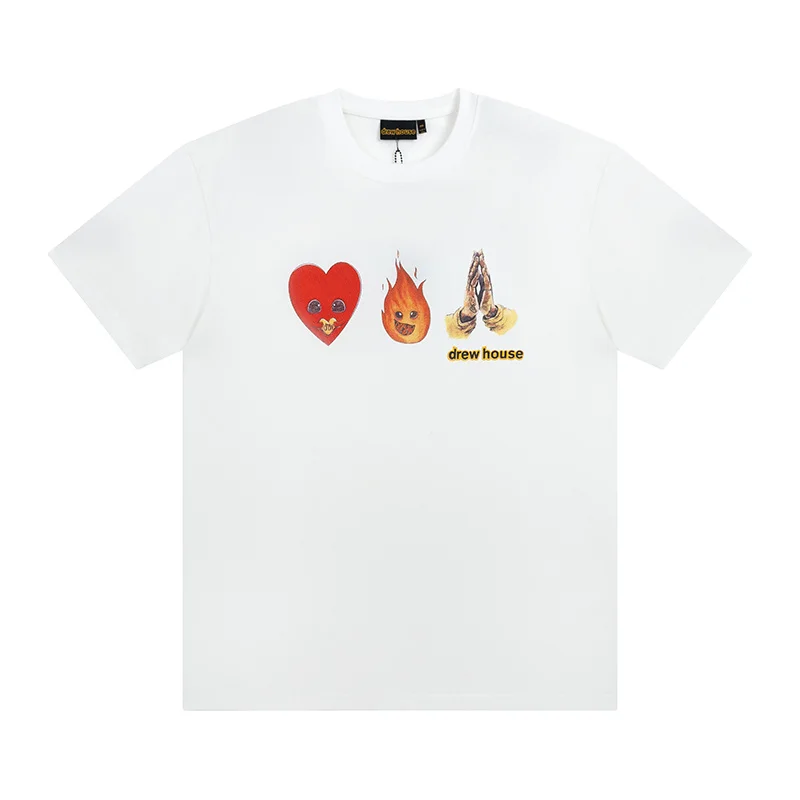 Drew House Men's Heart Flame Praying Hands Print T-Shirt Short Sleeve Cotton Casual Streetwear Graphic Tee