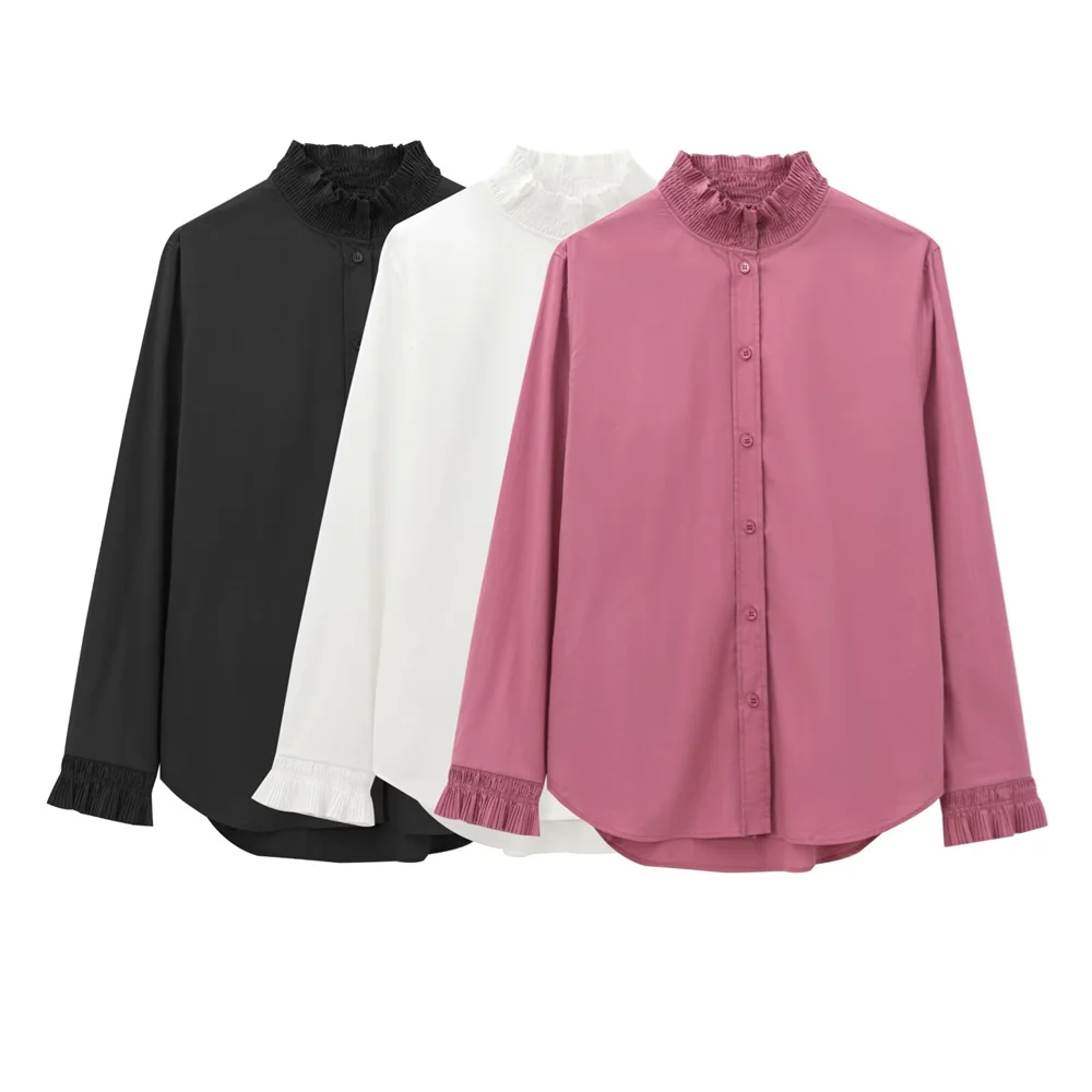 PB&ZA Women's Stand up Collar Small Folded Layered Decorative Long Sleeve Asymmetric Shirt Autumn/Winter New Women's Clothing