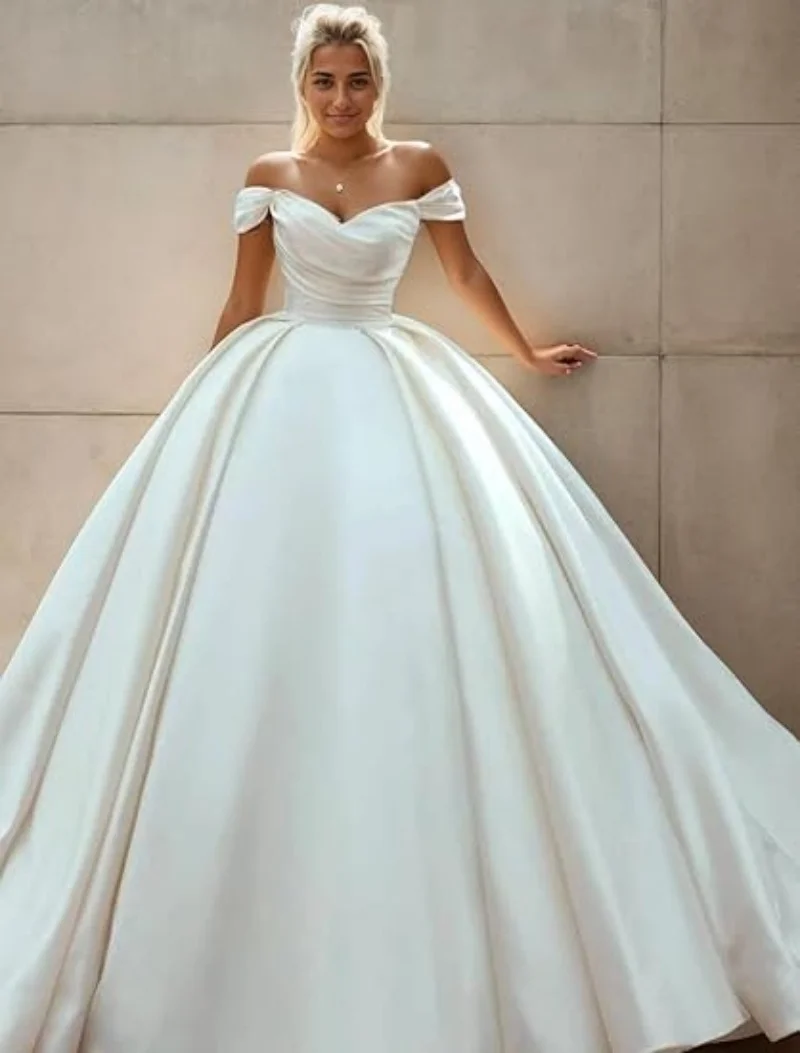 فساتين زفاف رسمية مكشكشة من الساتان قبالة الكتف، فستان زفاف بأكمام قصيرة على شكل قلب مع ذيل محكمة #1