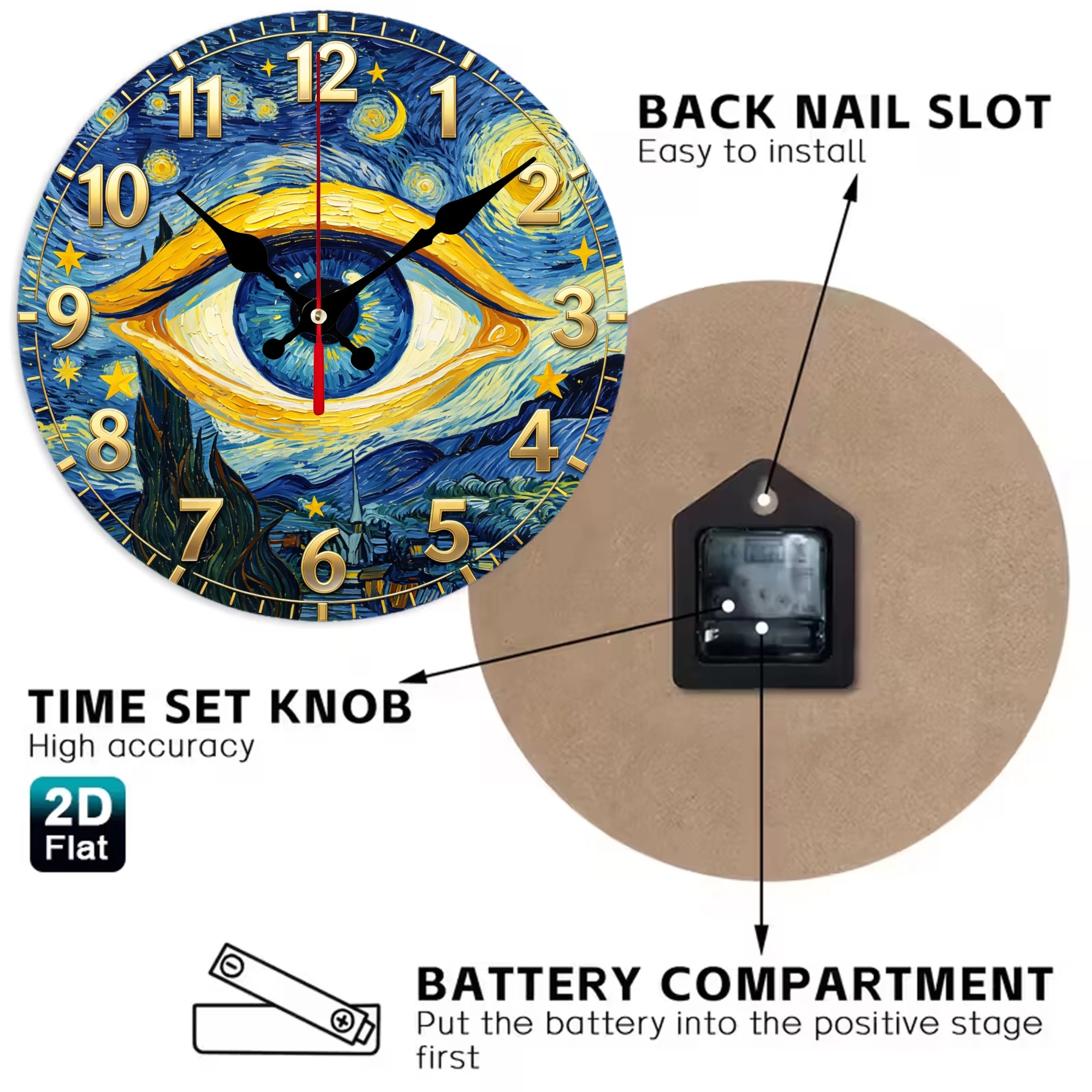 Van Gogh Starry Night Celestial Eye Wooden Wall Clock, 10/12 Inch Round Wood Clock, Silent Non Ticking Quartz Movement, Swirling Oil Painting Moon Printed Home Decor