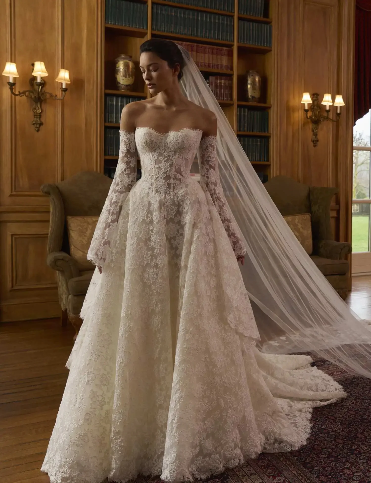 Vestido de Novia de Línea A, Encaje, 2 en 1 Desmontable, Manga Larga, Cintura Vichy, Civil, Sencillo y Elegante, Hecho a Medida
