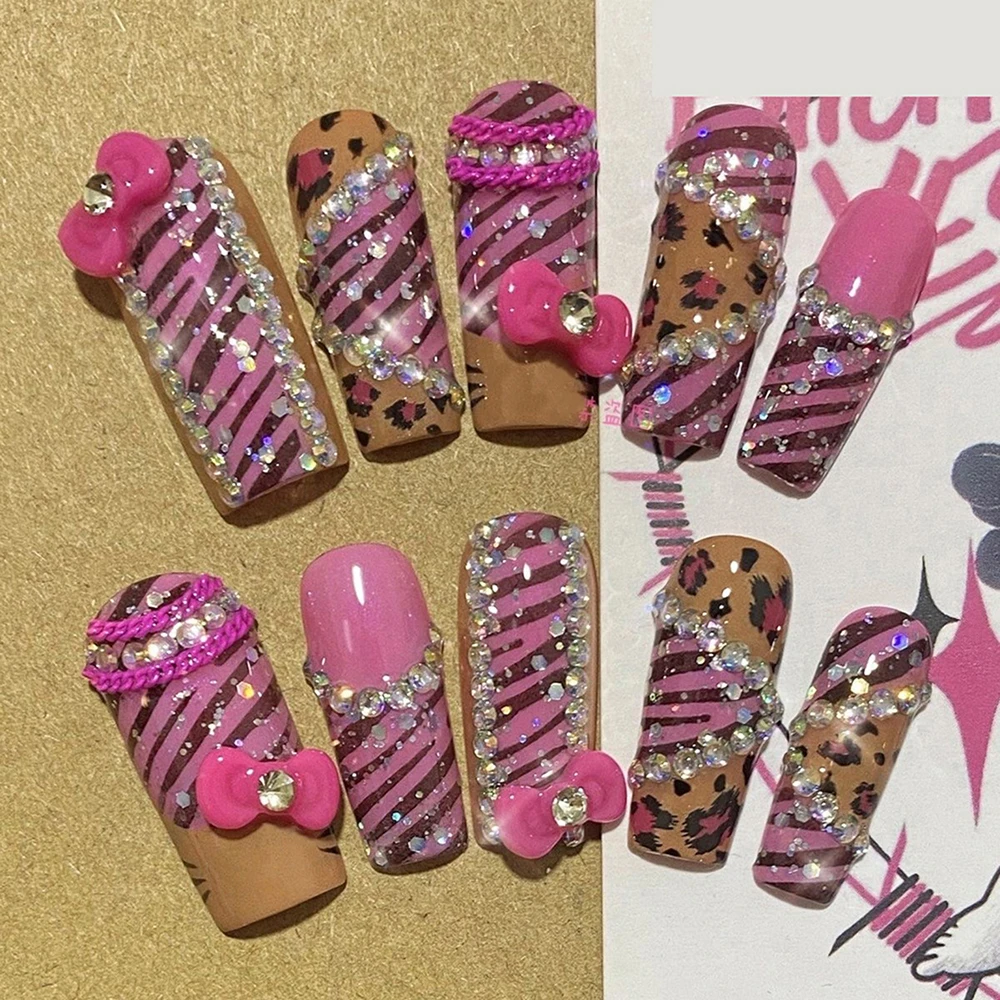 10Pcs Y2K Long Duck Square Punk Rivet Press On Nails Handmade French Leopard Print Star Lace Love Diamond Fake Nails Gift