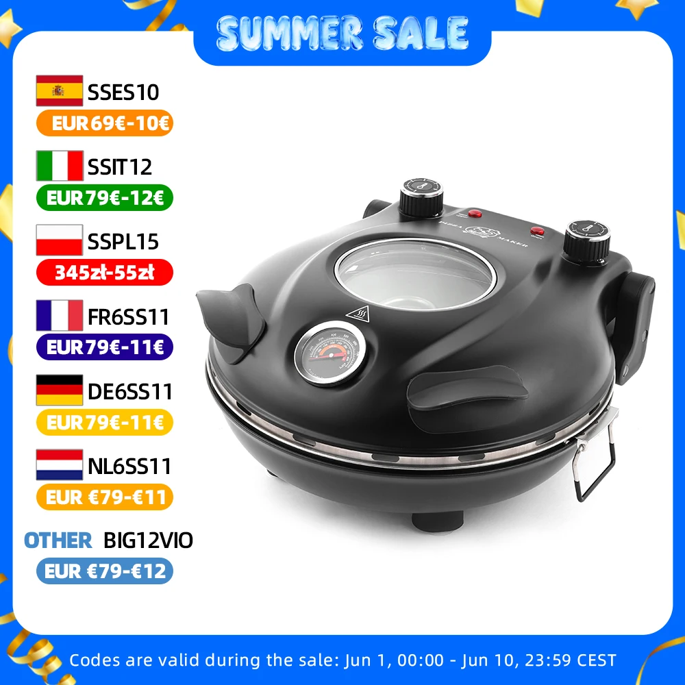 Klaif Electric Pizza Maker 420℃ 1200W 5 Separate Dual Temperature Levels Flame Resistant Stone Plate 12inch Pizza Oven 10Minute