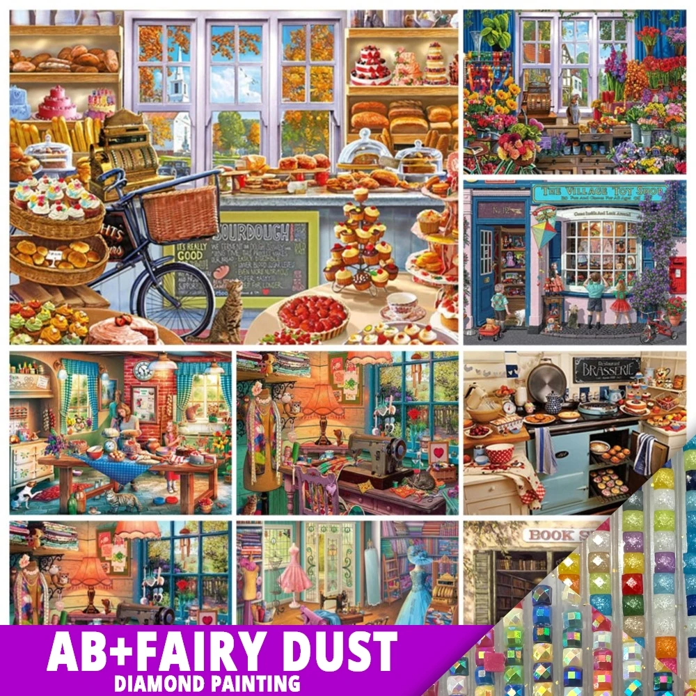 AB Fairy Dust 5D DIY Diamond Painting Retro Shop Dessert Flower Tailor Shop Embroidery Set Mosaic Art Picture Home Decor