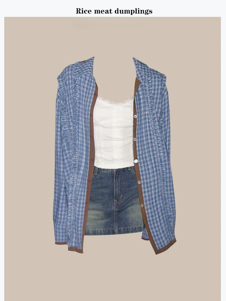 

Blue Plaid Long Sleeve Loose Shirt with Flounce Color Block Design Women's Casual Fashion Spring Autumn Seasonal Wear