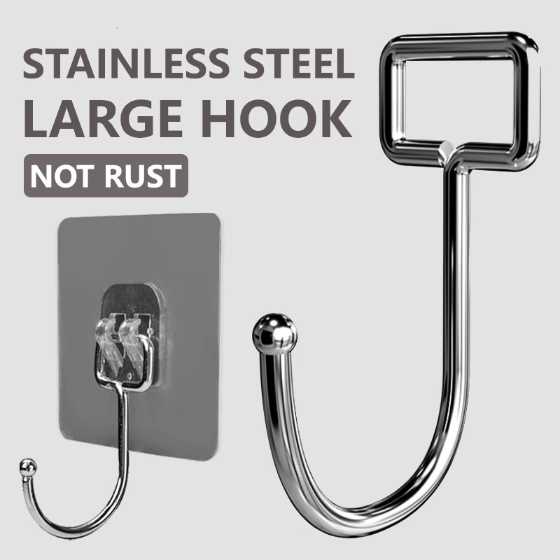 Stainless Steel Large Hooks Hanging Wall Waterproof Strong Self Adhesive Hanger Nail-Free Stick for Kitchen Bathroom Transparent