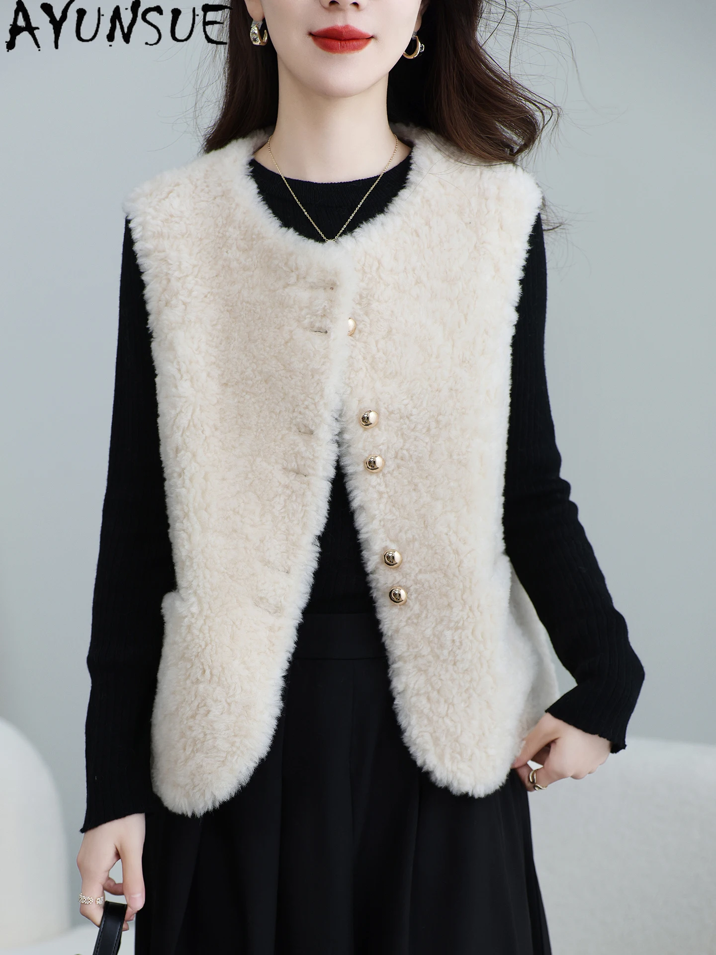 เสื้อกั๊กขนสัตว์แท้ 100% ยี่ห้อ AYUNSUE สำหรับผู้หญิง ทำจากขนแกะ ไม่มีแขน เสื้อแจ็คเก็ตสำหรับผู้หญิง ฤดูใบไม้ร่วง ฤดูหนาว เสื้อผ้าปี 2025  เสื้อโค้ทขนสัตว์ผสม