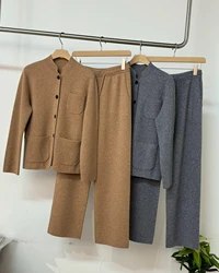 Autumn L*P 2024 Women's Cashmere Pants Suit knitted Suit Jacket + Drawstring Straight Trousers 2 Piece Set