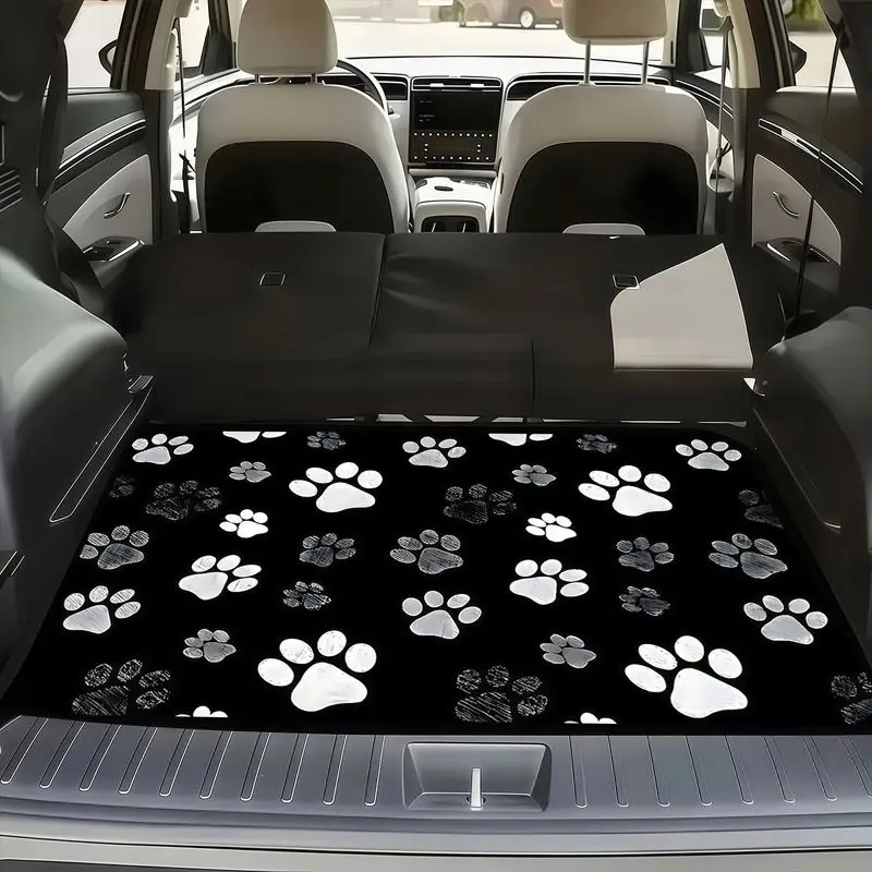 VIKAMA Paw Print Car Trunk Mat Non Slip Waterproof SUV Rear Cargo Liner Black White Animal Footprint Auto Decor Mat