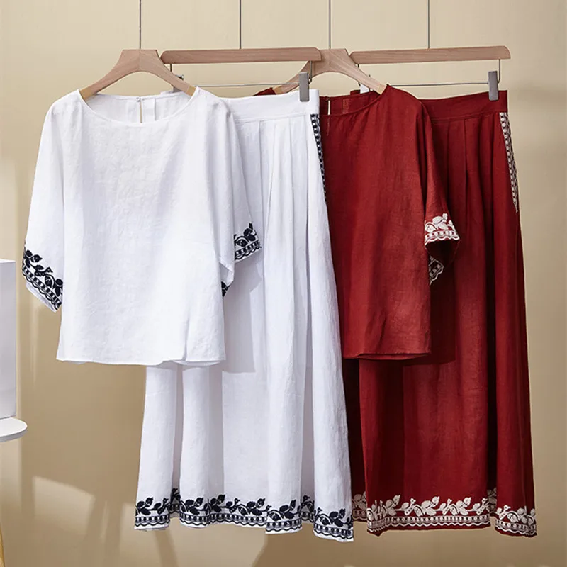 Women's Summer New suit Loose Heavy Embroidery Linen Half-skirt With Short Sleeves Versatile Two-piece Set