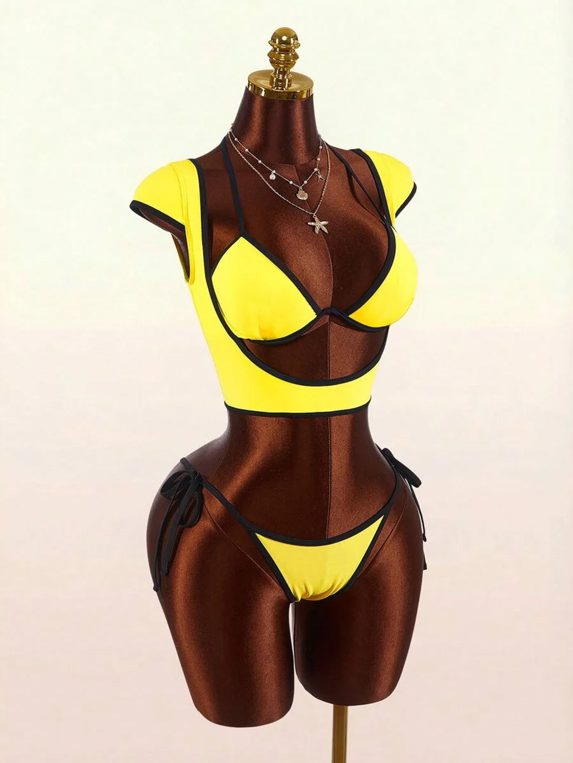 Y2K Gelb-Schwarz Verzierter 3-Teiliger Badeanzug, Neckholder-Bikini, Kurzarm-Crop-Top, Unterteil mit Bindeband, Sommer-Strandparty-Badeanzug für Damen – Detail 10