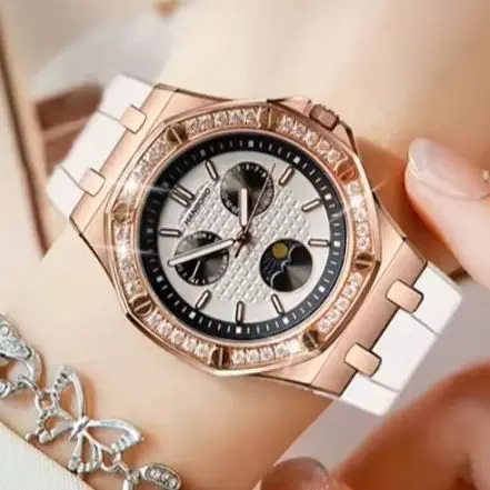 Hanbro Women Quartz Watch Fashion 37mm Ladies Wristwatch Luminous 50M Waterproof Sapphire Mirror Multi-Dial Week Date Sun-Moon
