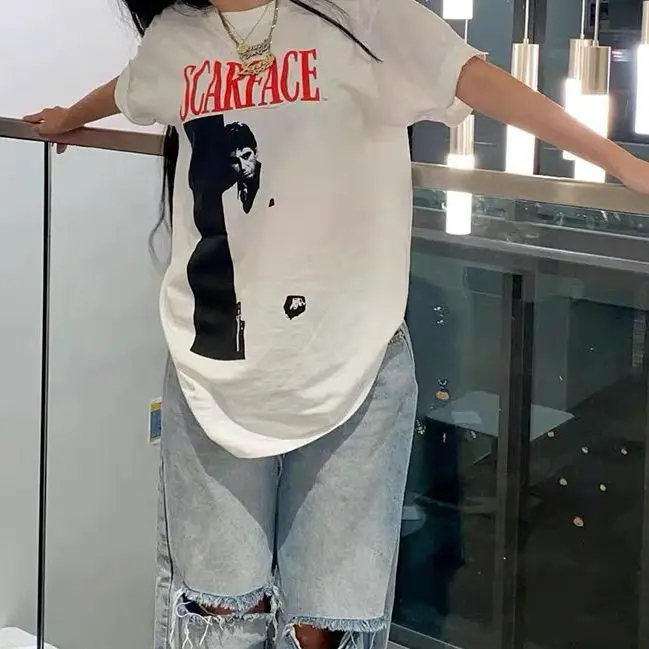 

American Retro White Oversize Hip-hop Short-sleeved T-shirt Women's Vintage European and American High Street Loose Hottie Top