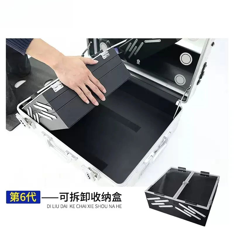 Suitable for Light Aluminum-magnesium Alloy Cosmetic Case Large-capacity Multi-layer Foldable Storage Box, Mirror with Lamp
