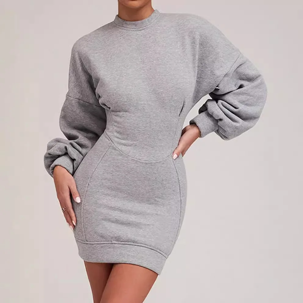 

Autumn Fashion Waist Slimming Hip Cover Sweatshirt Dress O-Neck Lantern Sleeve Mini Bodycon Dress Elegant Dresses For Women