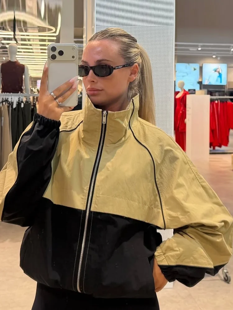 Retro Color Block Windbreaker Jacket Casual Zip Stand Collar Sporty Loose Crop Jacket Lady Spring Autumn Daily Dating Streetwear