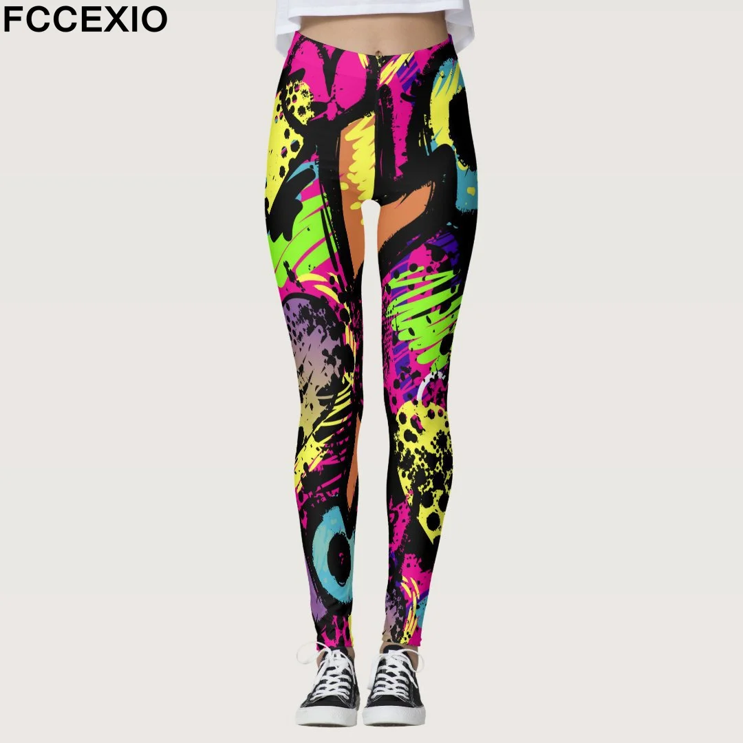 FCCEXIO Summer New Geometric Graffiti Print Women\'s Sports Leggings High Waist Running Tght Fitness Workout Yoga Gym Pants S-3XL