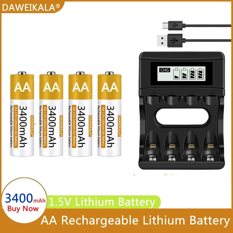 AA Battery 1.5V Rechargeable 3400mAh Lithium-ion Battery AA  Battery for remote control mouse fan Electric toy with USB charger