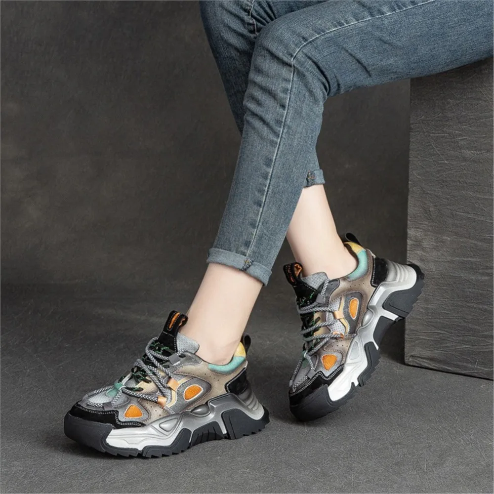 GKTINOO Platform Sneakers Women Genuine Leather Mixed Colors Round Toe Lace-Up Thick Sole Flats Ladies Shoes Handmade