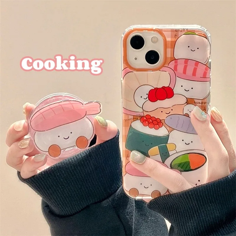 Japan Cute Delicious Sweet Shrimp Sushi Magsafe Wireless Charge Case For iPhone 13 14 15 16 Pro Max Shrimp Sushi Magnetic Stand