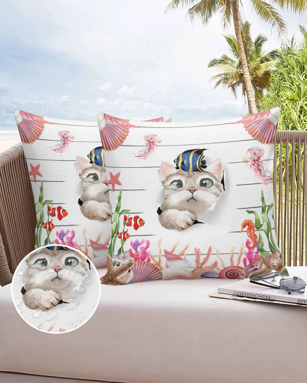 2/4 Pcs Cat Ocean Jellyfish Coral Starfish Pillowcase Waterproof Bedroom Living Room Sofa Cushion Cover Holiday Pillowcase Gift