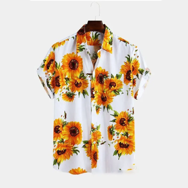 2025 New Summer British Sunflower Digital Printed Shirt cardigan, short sleeved lapel, loose and versatile men's shirt LR-128