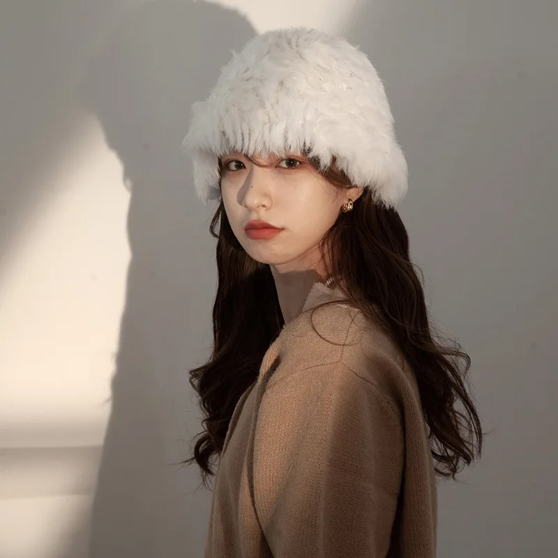 Women's Faux Rabbit Fur Plush Fisherman Hat Winter Thick Warm Knit Cap Fashion Face Small Cold Resistant Hat
