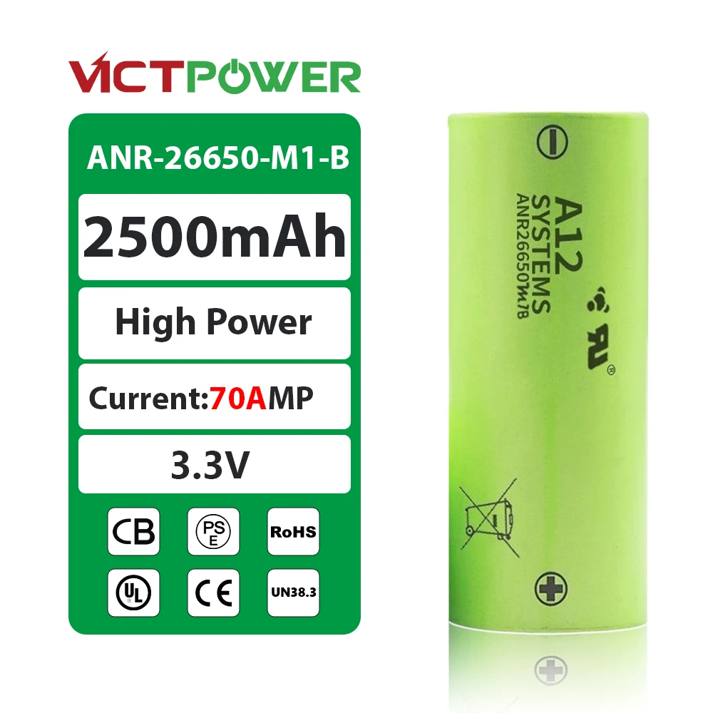 VICTPOWER High Power 3.3V 2500mAh 70A Discharge Lifepo4 Cell Cylindrical A123 26650 ANR26650 A123 26650 Lithium Ion Battery