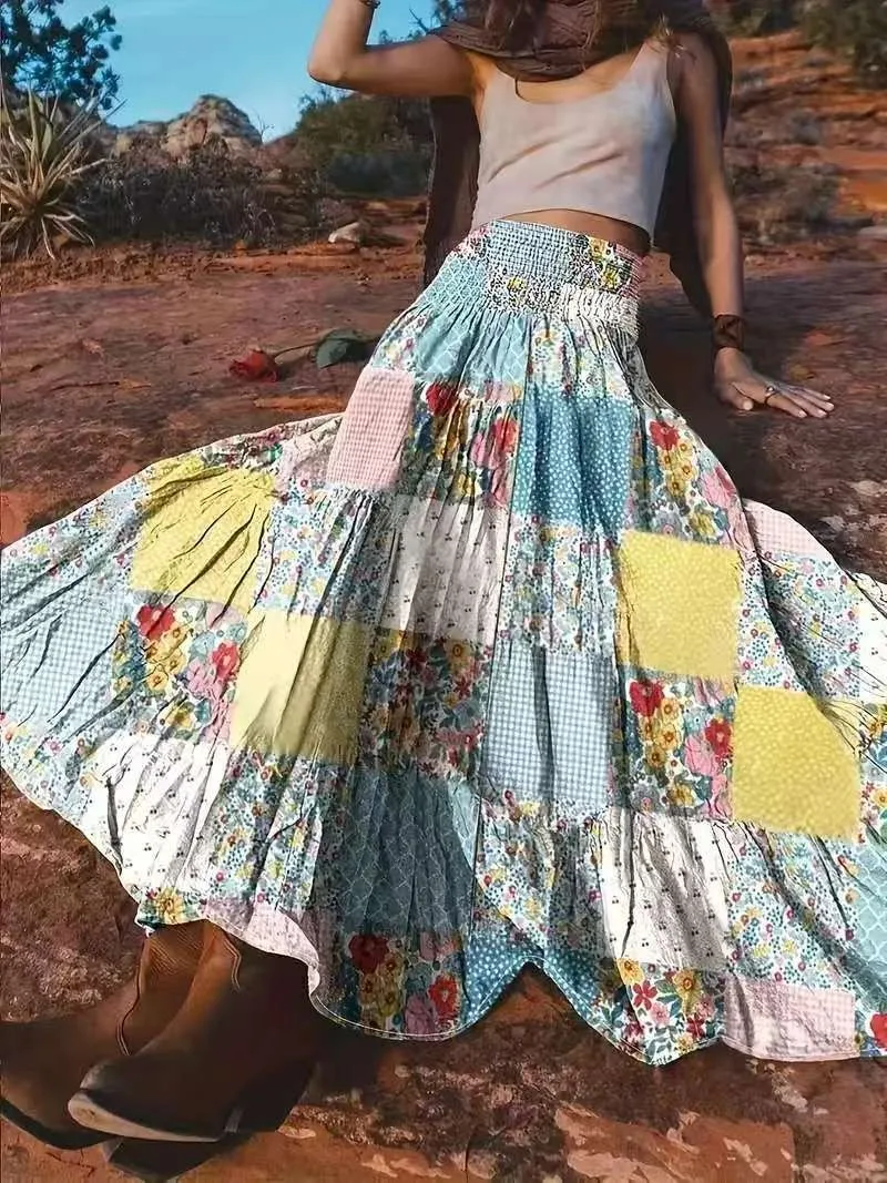 

2025 Casual Printed Splicing Women's Fashion Floral Half Skirt Long Skirt