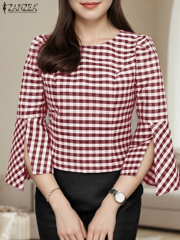 ZANZEA 2025 Spring Blouse Women Plaid Pullover Split 3/4 Flare Sleeve Tops Casual OL Work Tunic Fashion Oversized Loose Tops
