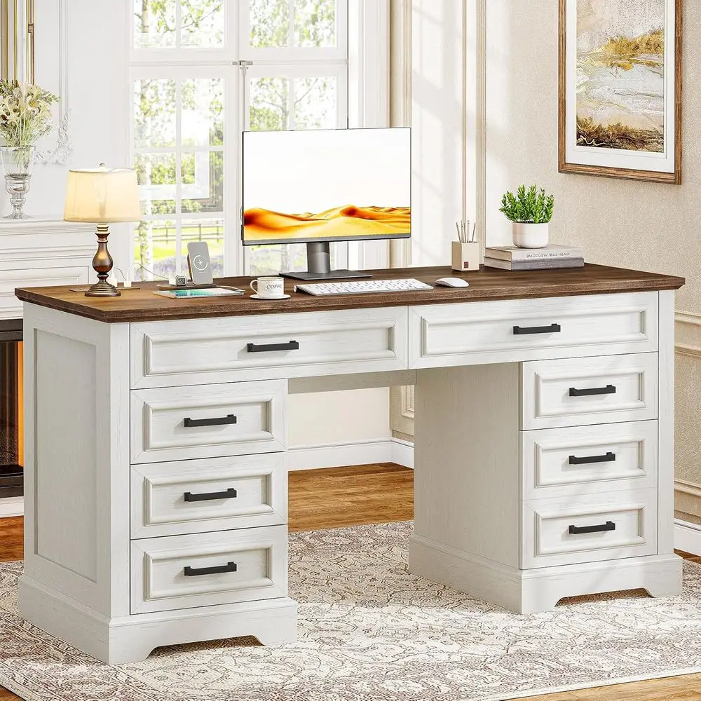 58-inch Executive Desk with 7 Drawers, Large Computer Desk with Charging Station, Wood Home Office Desk for Letter/A4 Size Files