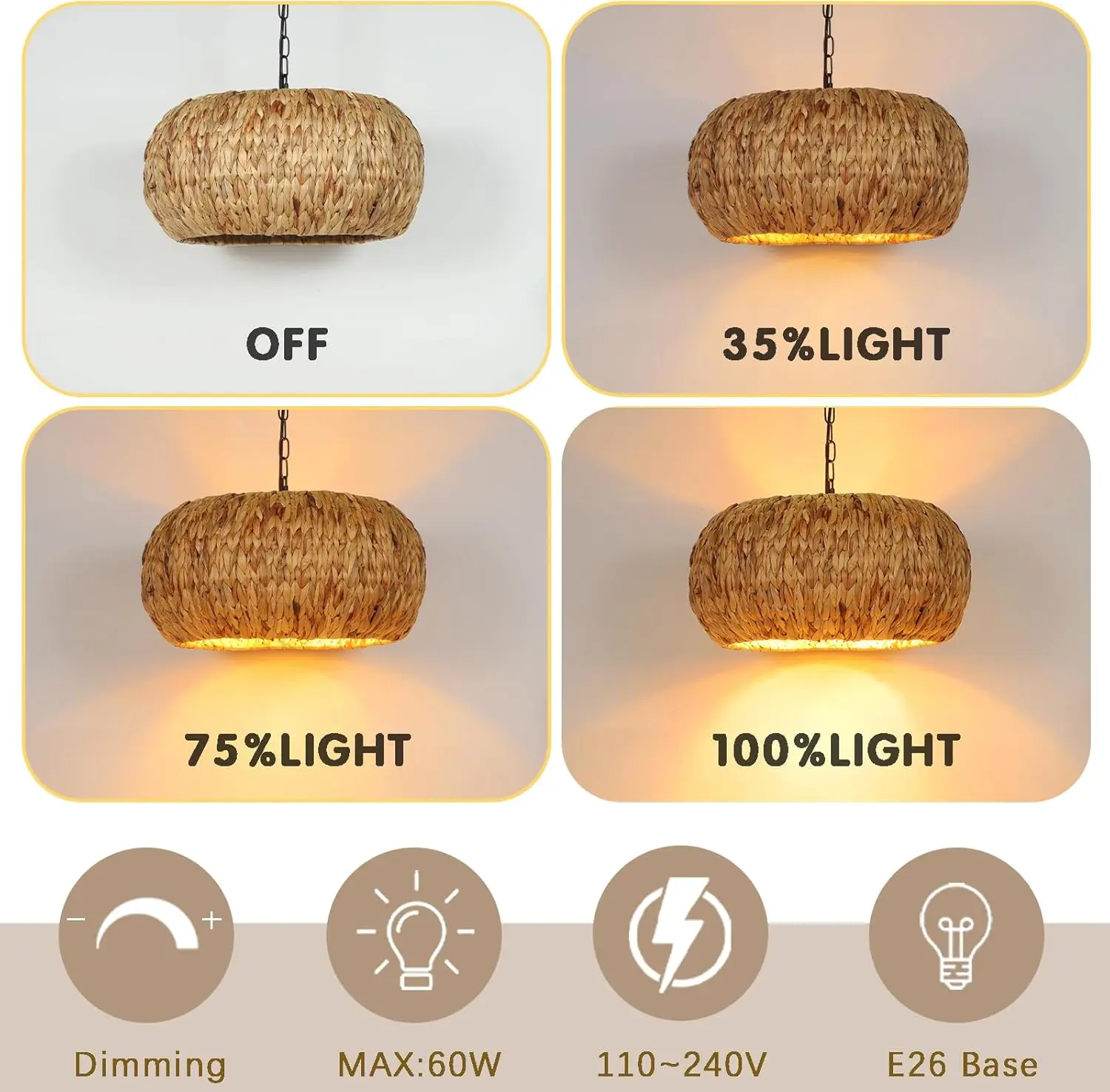 Luz colgante Bohemia tejida a mano, accesorio de iluminación de ratán, tejido Natural, techo costero, 5 luces, 17,7 ""