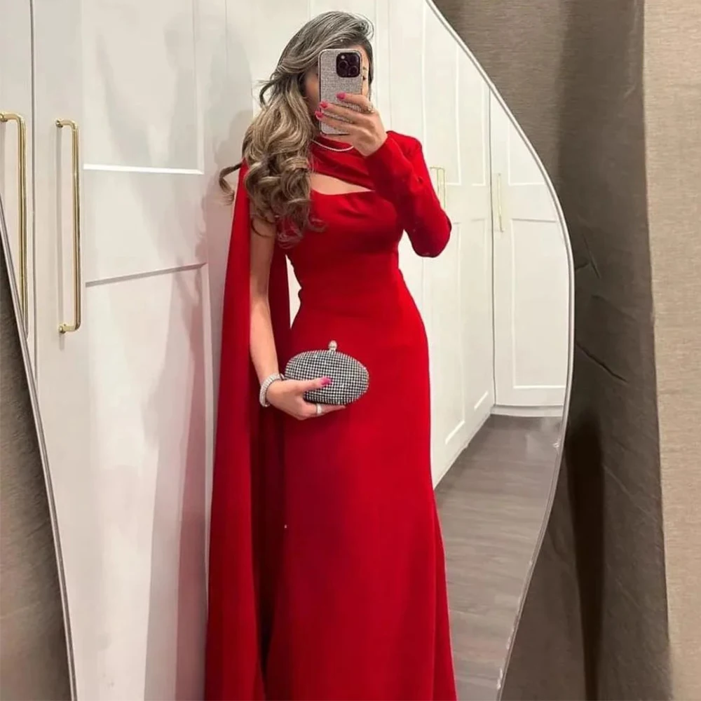 

Red Jersey Evening Dress Long Sleeves Straight Floor Length Women Customized Wedding Party Occasion Formal High Quality Gowns