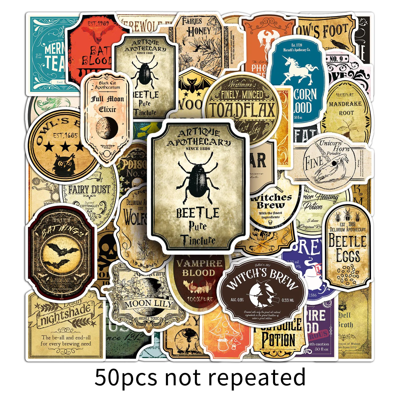 50PCS 마법 물약 만화 스티커 레트로 스타일 그래피티 고딕 장식 DIY 장난감 냉장고 노트북 기타 자전거 스케이트보드 데칼