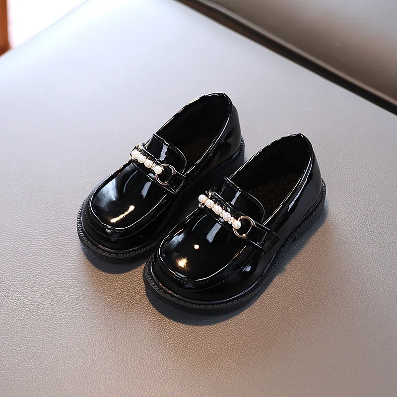 Girls Leather Shoe for School Party Wedding Kid Black Loafers Slip-on Child Flats Fashion British Pearls Beading New Girls Shoes