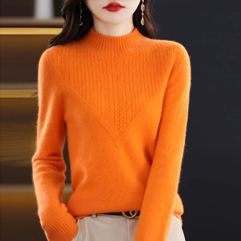 Autumn Winter Fashion Pure Wool Knit Sweater Women Pullover Long Sleeve Half High Collar Warm Triangle Hollow Chic Cashmere Top