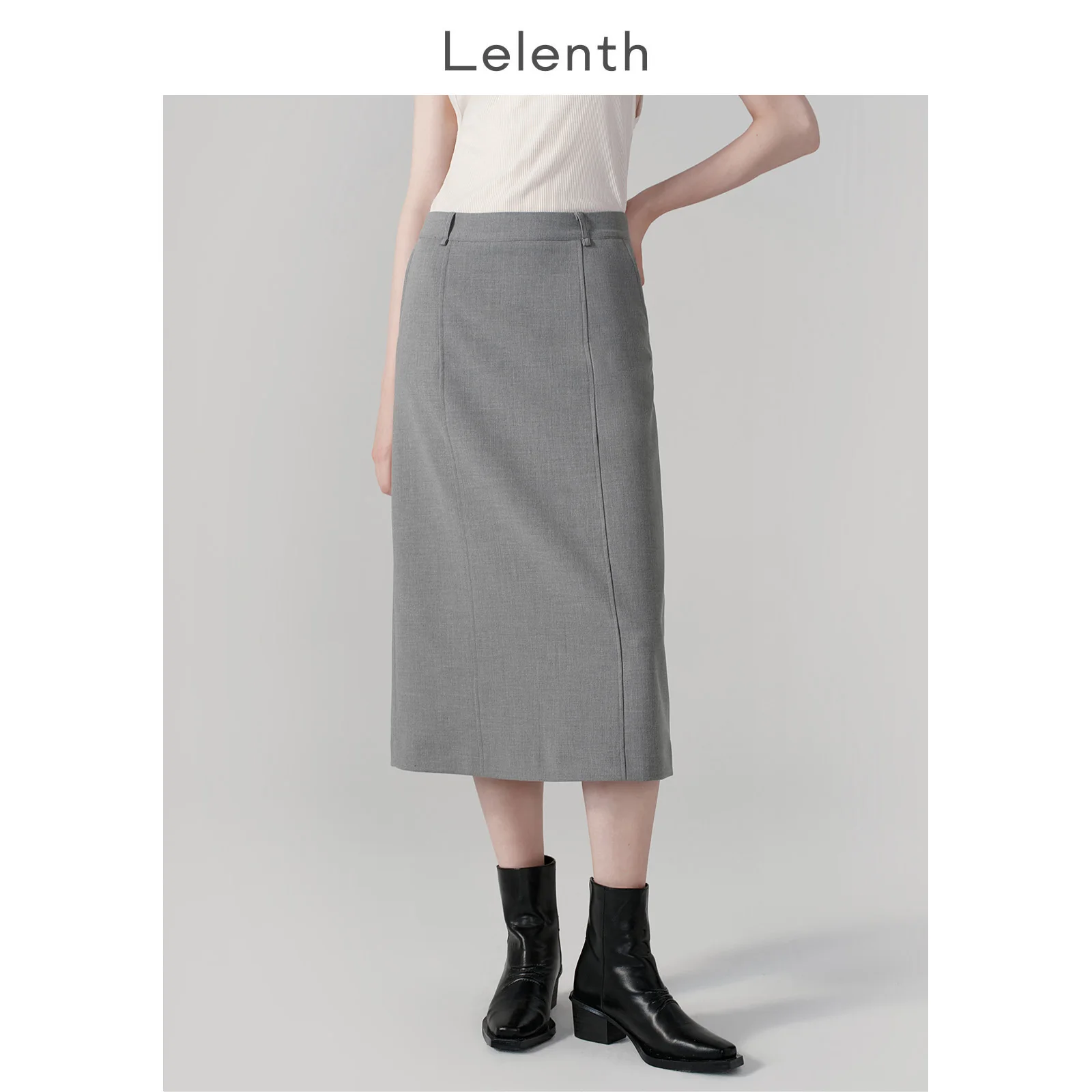 

Gray Suit Skirt High Waist Straight Leg Interview Dress for Women Commute Style Polyester Fabric Midi Skirt Business Formal