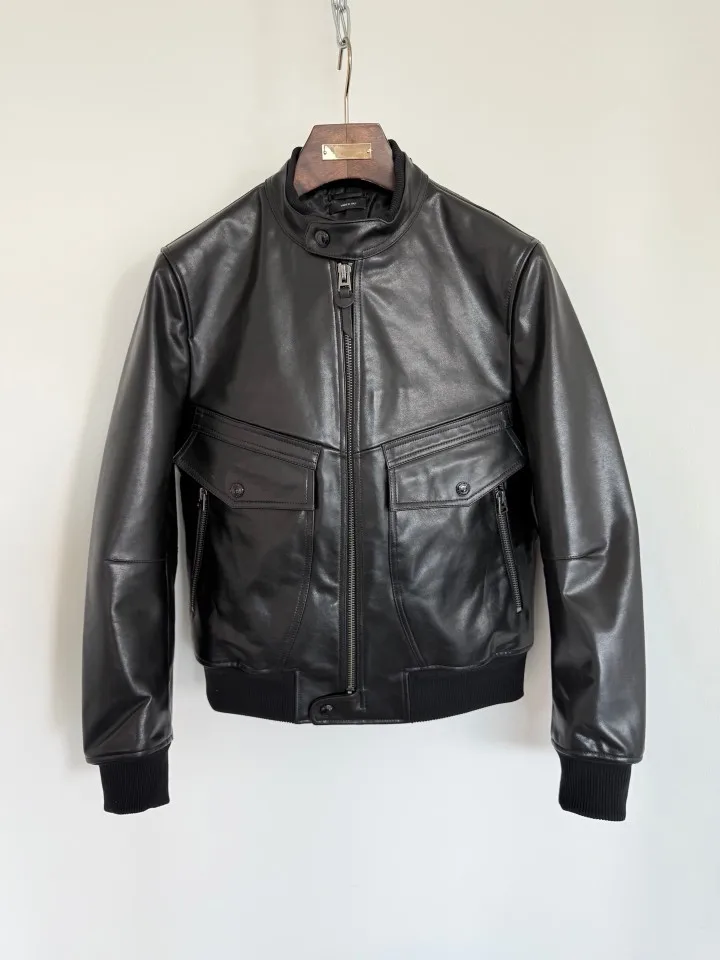 TF Men Cowhide Leather Jacket 2026 New Stand Collar Zipper Front Big Pocket Thick Warm Retro Coat