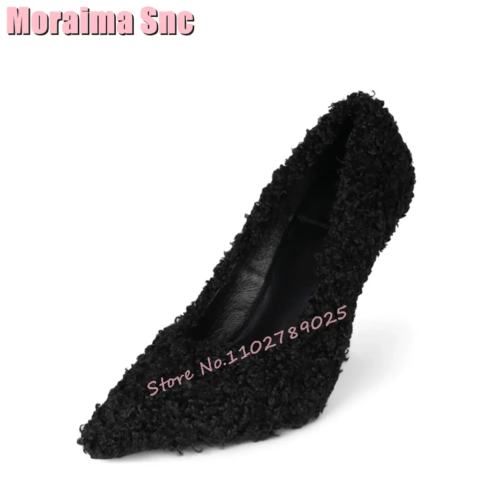 Lamb Wool Pointed Toe Shallow Pumps Slip On Stiletto High Heel Sexy Elegant Women Shoes Summer Banquet Party White Solid 2024