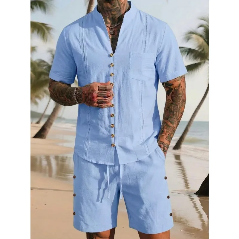Conjuntos Casuales de 2 Piezas de Lino para Hombre, Camisa de Manga Corta con Cuello Alto y Botones y Pantalones Cortos